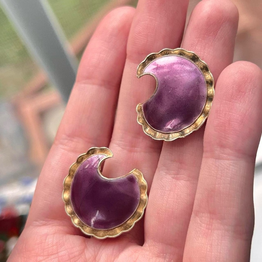 Sterling silver gold washed enamel crescent ruffle post earrings